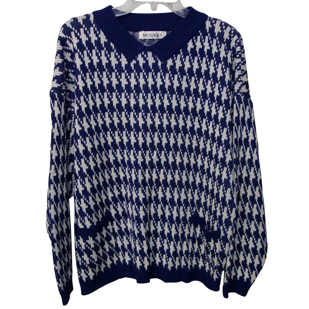 Messages Vintage Blue White Houndstooth Polo Collar Knit Sweater Relaxed XL
